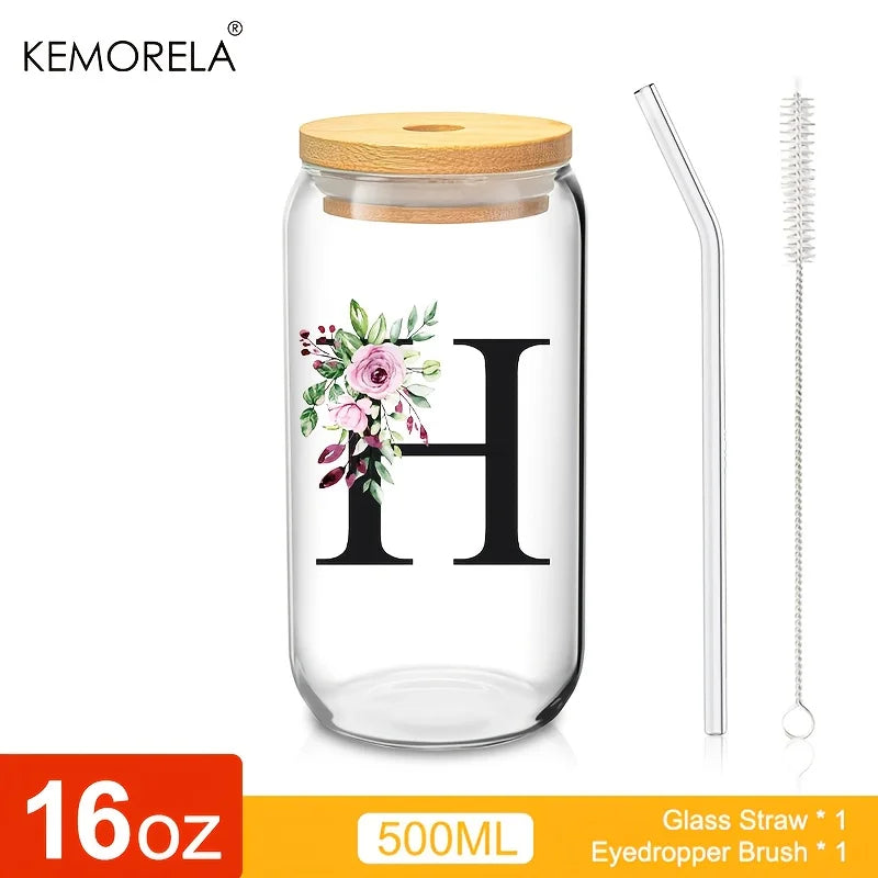 Personalized Initial Letter Glass Can Cup with Bamboo Lid & Straw (500ml)