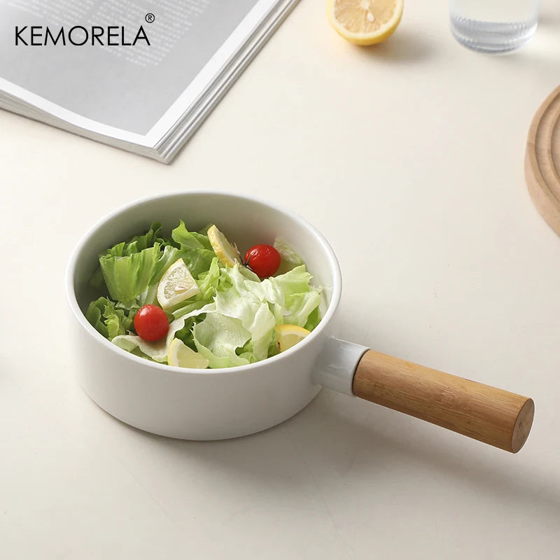 Matte White Ceramic Sauce Pan with Bamboo Handle (14/16cm)