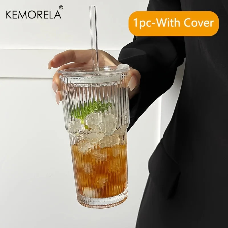Large Ribbed Glass Cup with Lid & Straw