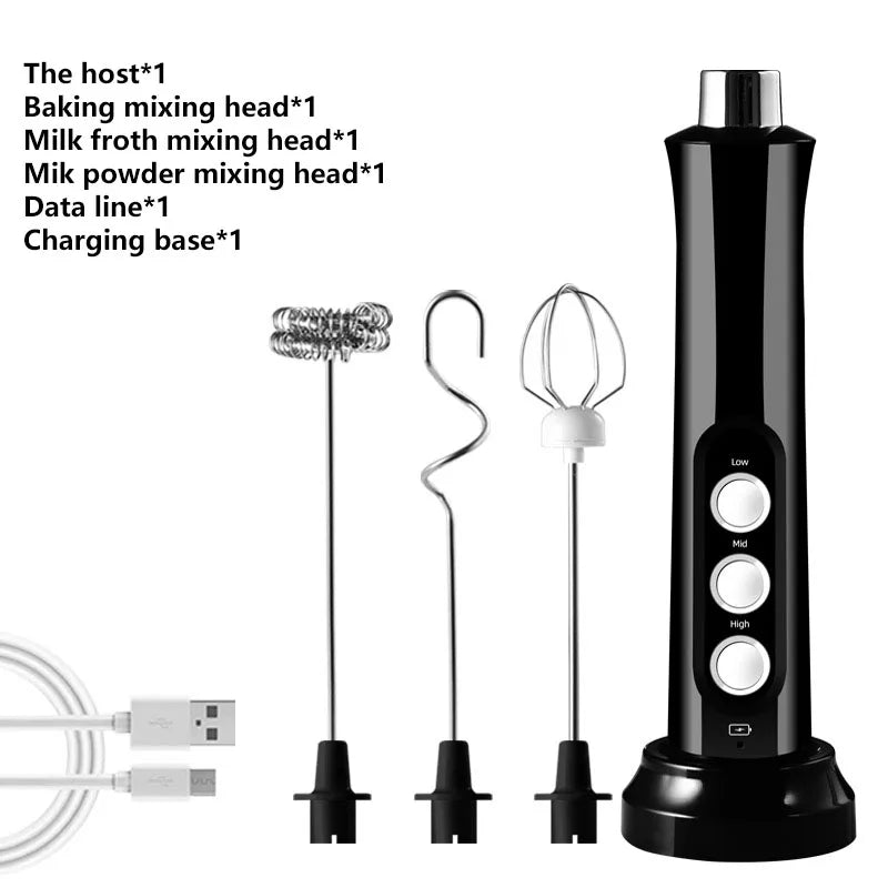 USB Rechargeable Electric Milk Frother with 3 Attachments