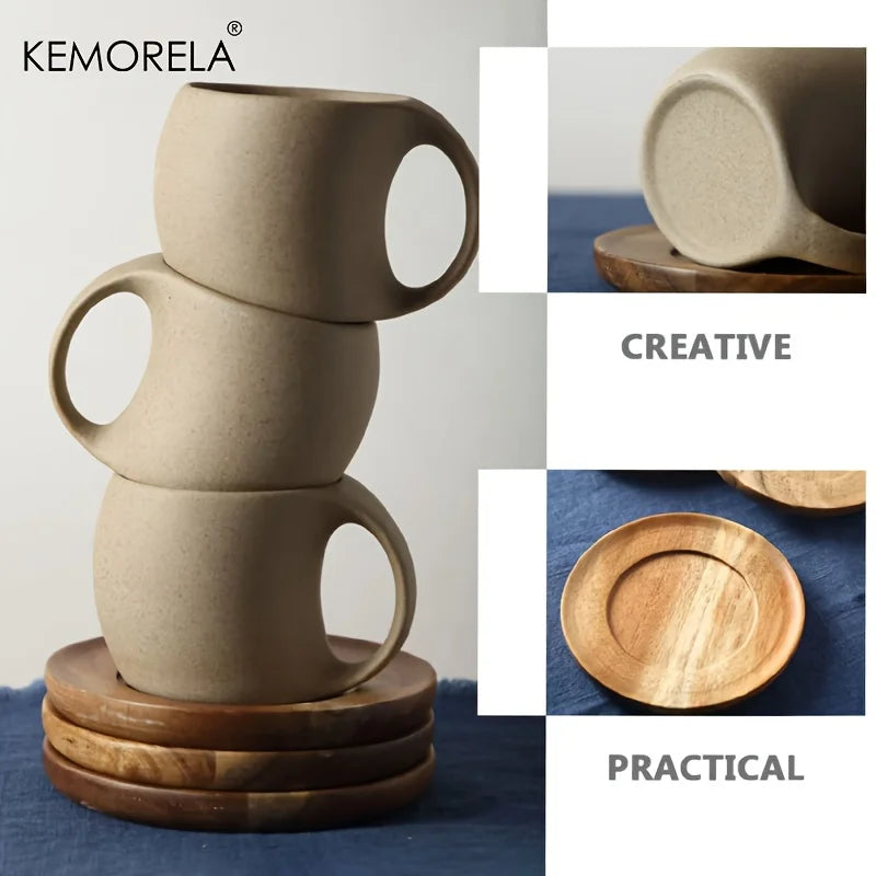 Handmade Stoneware Coffee Cup with Wooden Saucer (200ml)