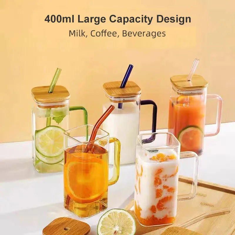 Square Glass Mug with Handle, Bamboo Lid & Straw (400ml)