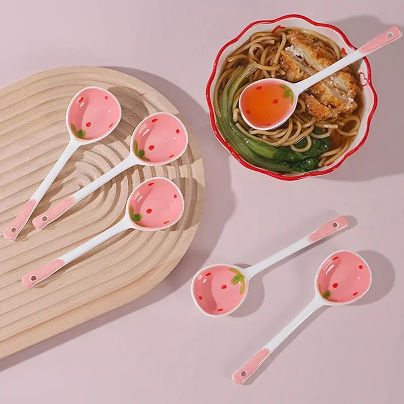 Hand-Painted Strawberry Ceramic Soup Ladle (Set of 5)