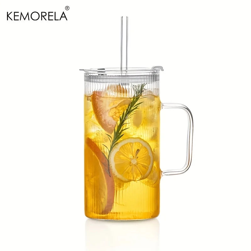 Ribbed Glass Mug with Lid & Straw