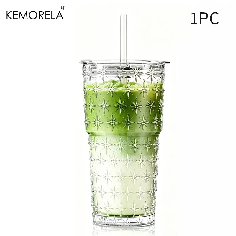 Star-Textured Glass Cup with Lid & Straw (1-2pcs)