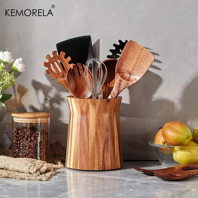 Solid Acacia Wood Rotating Utensil Holder
