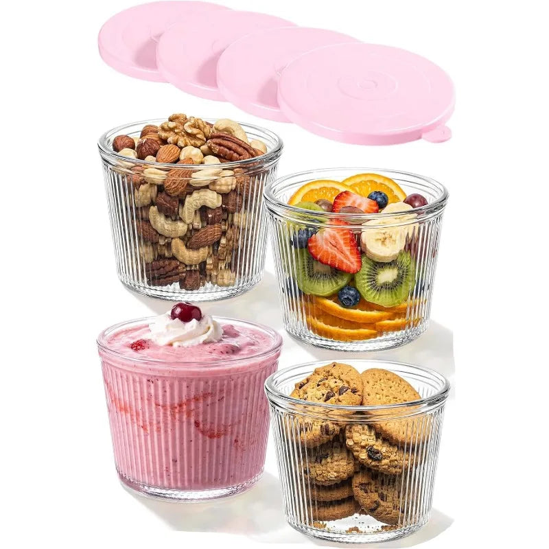 Ribbed Glass Food Storage Bowls with Lids (Set of 4)