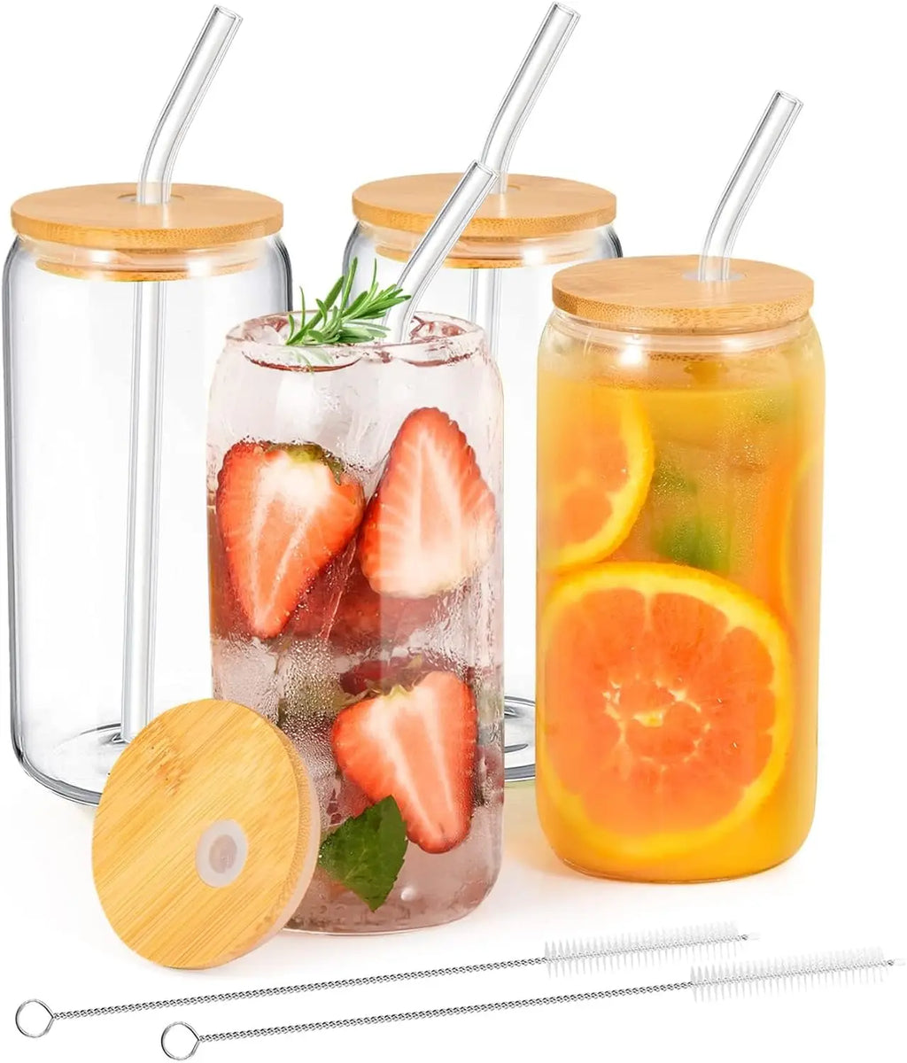 Glass Can-Style Tumbler with Bamboo Lid & Glass Straw (4pcs)