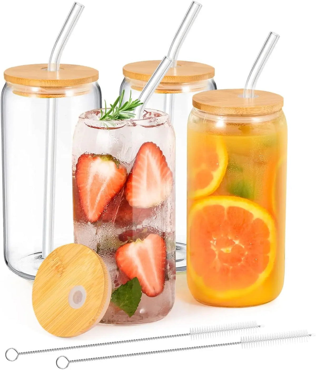 Glass Can-Style Tumbler with Bamboo Lid & Glass Straw (4pcs)