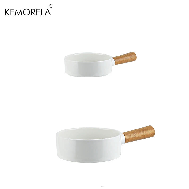 Matte White Ceramic Sauce Pan with Bamboo Handle (14/16cm)