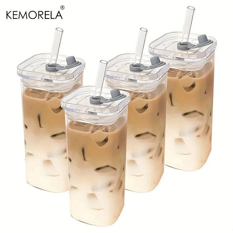 Square Glass Cups with Lids & Straws (6pcs)