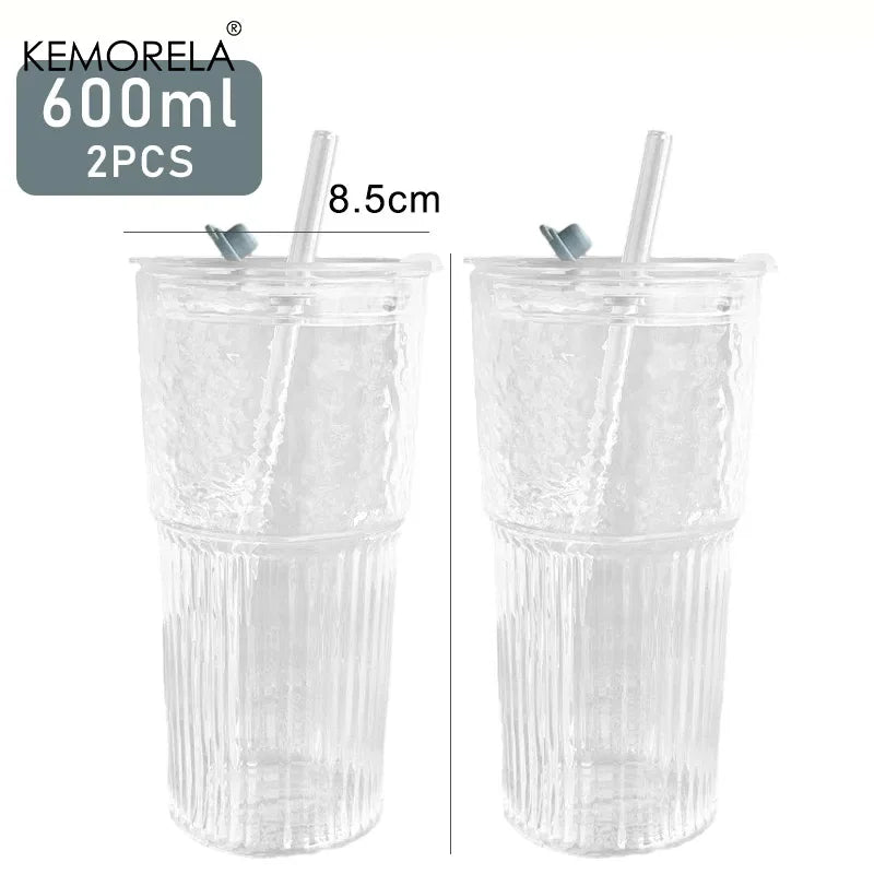 Tall Ribbed Glass Tumbler with Flip Lid & Glass Straw (650ml)