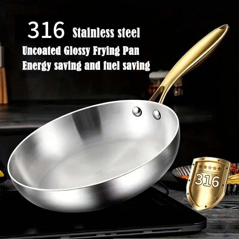 316 Stainless Steel Frying Pan with Gold Handle