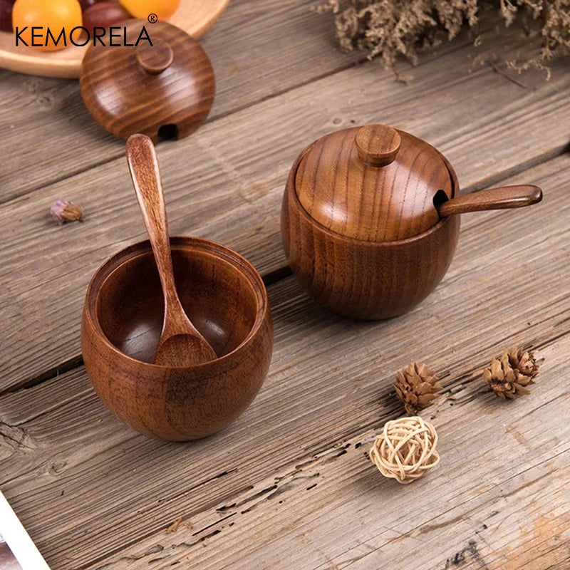 Round Solid Wood Spice Jar with Lid & Long Spoon (Set of 2)