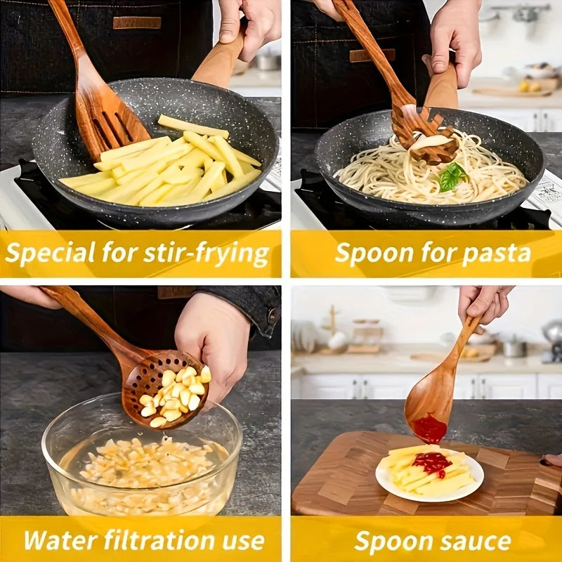 Solid Teak Wood Kitchen Utensil Set with Holder (9-Piece)