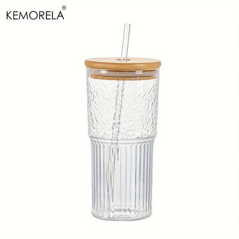 Dual-Texture Ribbed Glass Cup with Bamboo Lid & Straw