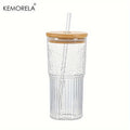 Dual-Texture Ribbed Glass Cup with Bamboo Lid & Straw