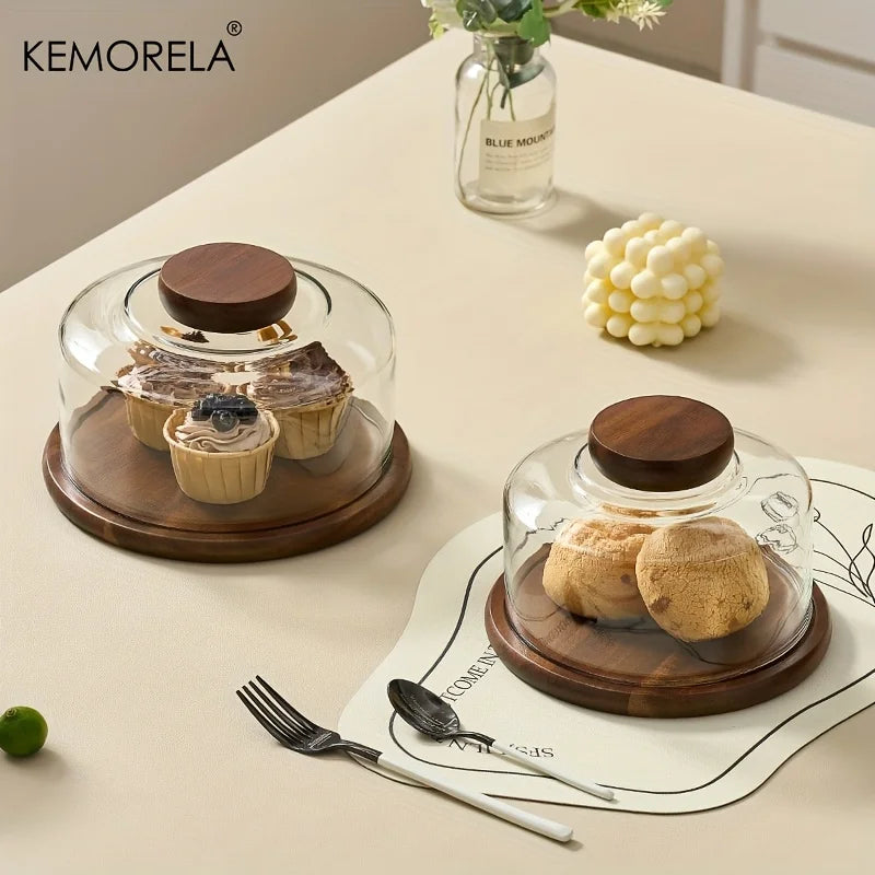 Glass Cake Stand with Walnut Wood Base & Dome