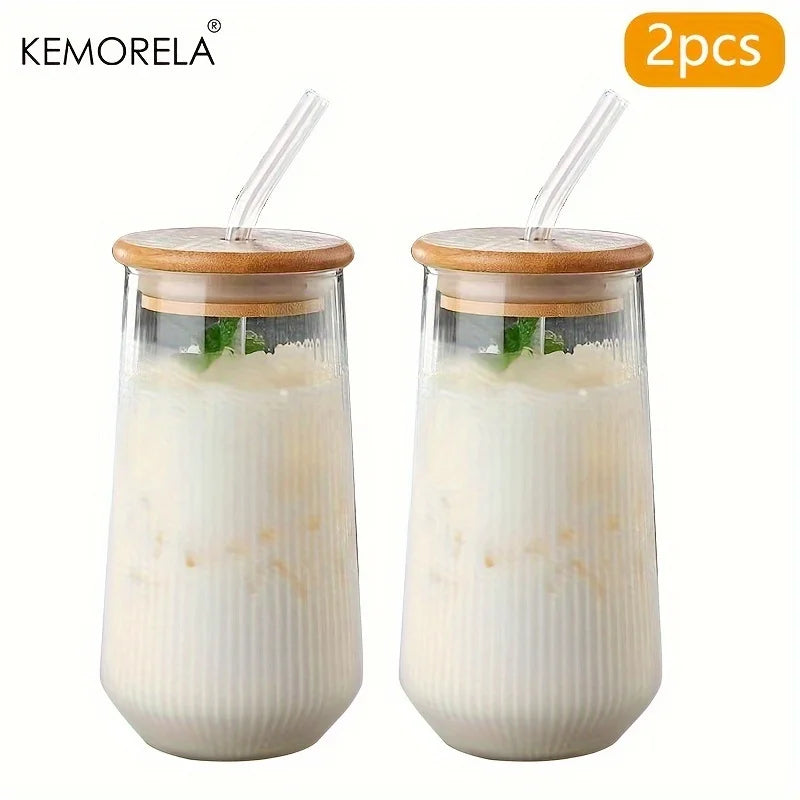 Ribbed Glass Cup with Bamboo Lid & Straw (Set of 2)