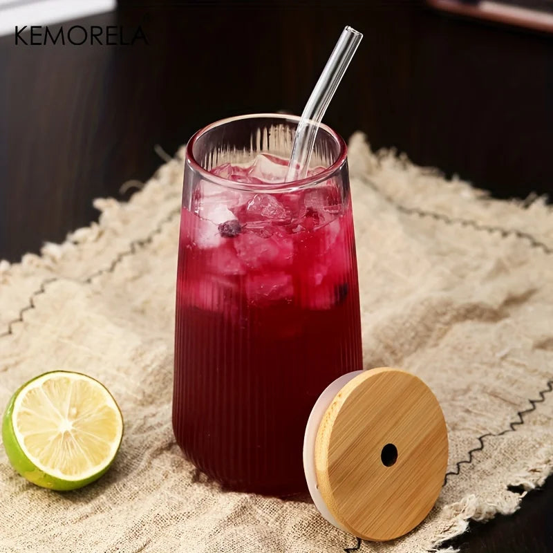 Ribbed Glass Cup with Bamboo Lid & Straw (Set of 2)