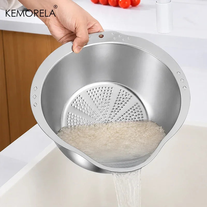 Stainless Steel Rice Washing Bowl with Side Drain Holes (24/26/28cm)