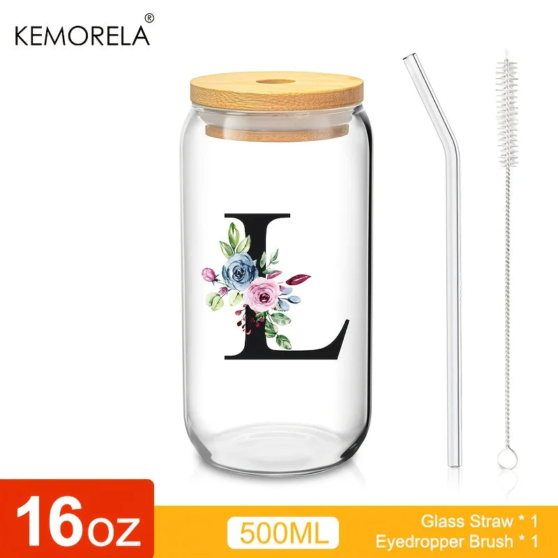 Personalized Initial Letter Glass Can Cup with Bamboo Lid & Straw (500ml)