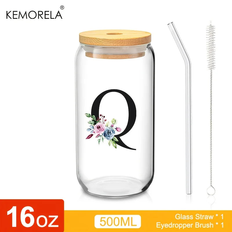 Personalized Initial Letter Glass Can Cup with Bamboo Lid & Straw (500ml)