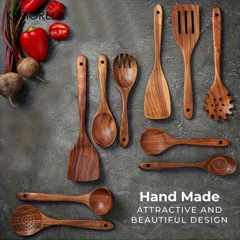 Solid Teak Wood Kitchen Utensil Set with Holder (9-Piece)