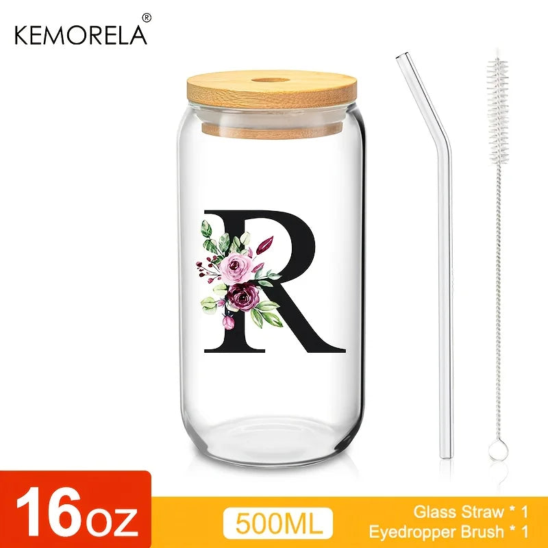 Personalized Initial Letter Glass Can Cup with Bamboo Lid & Straw (500ml)
