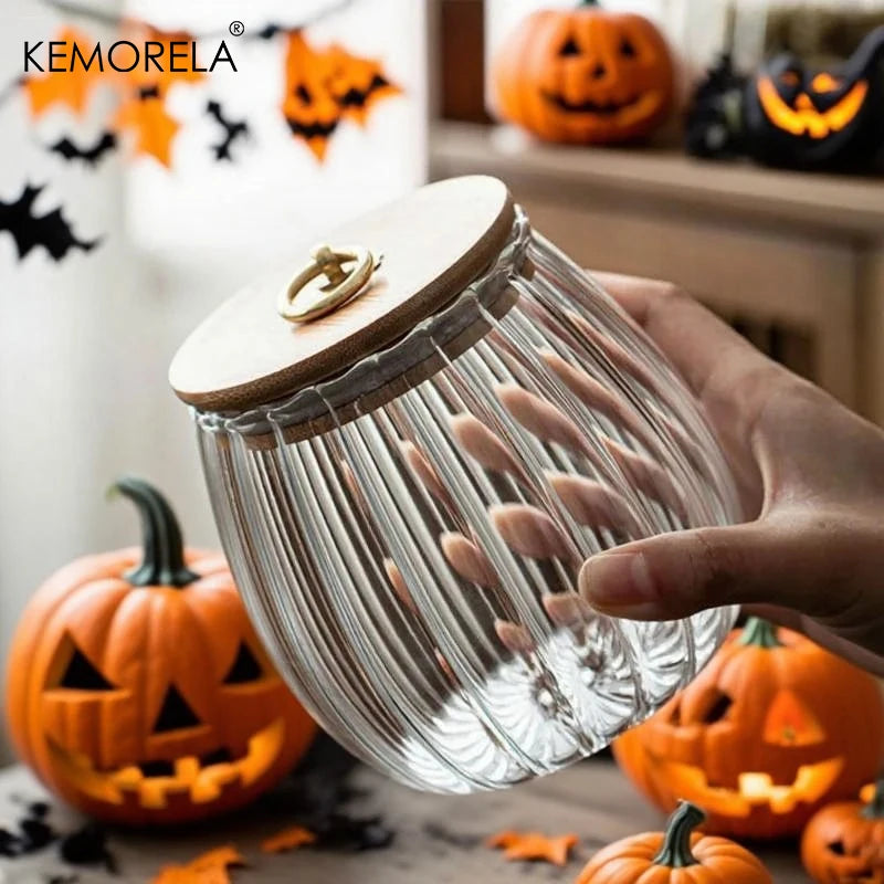 Ribbed Glass Storage Jar with Bamboo Lid & Ring Pull (500/800ml)