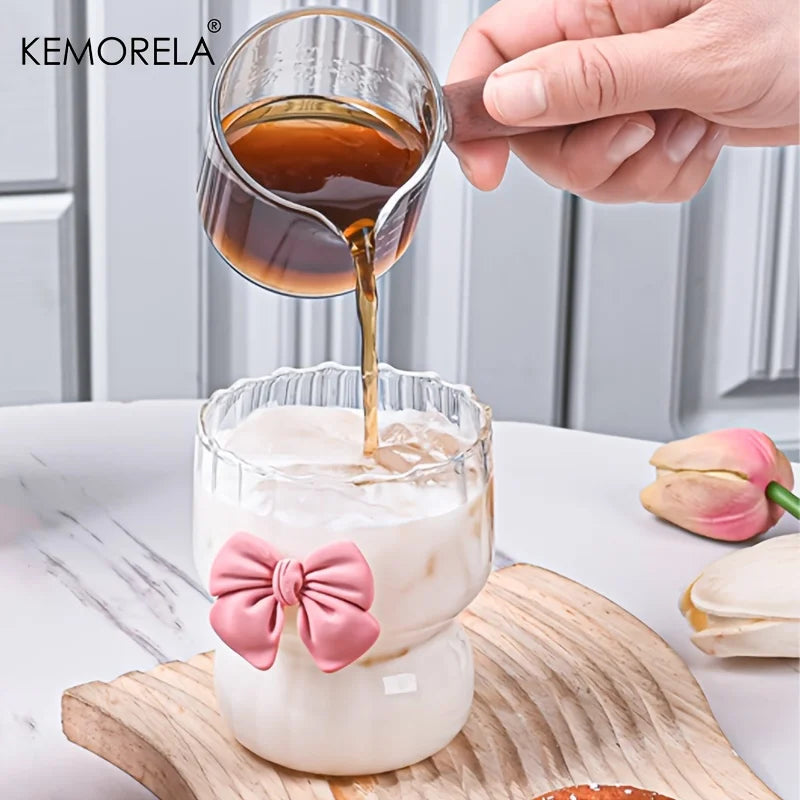 Wavy Ribbed Glass Tumbler with Pink Bow Accent (Set of 2/4/6, 400ml)