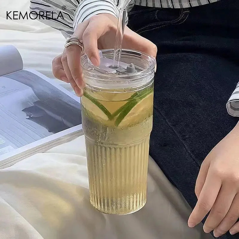 Tall Ribbed Glass Tumbler with Flip Lid & Glass Straw (650ml)