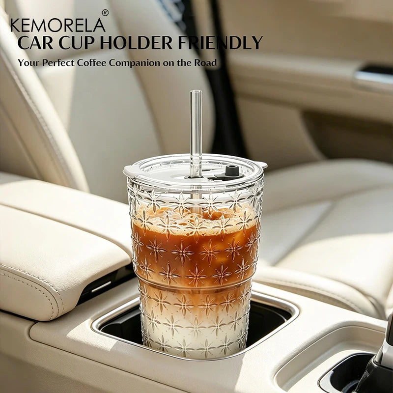Star-Textured Glass Cup with Lid & Straw (1-2pcs)