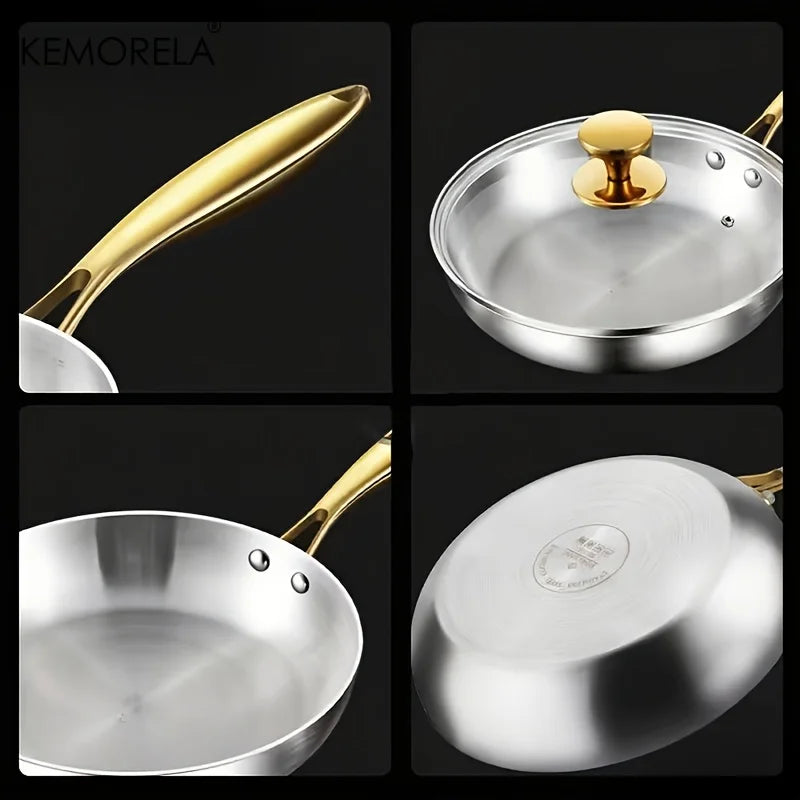 316 Stainless Steel Frying Pan with Gold Handle