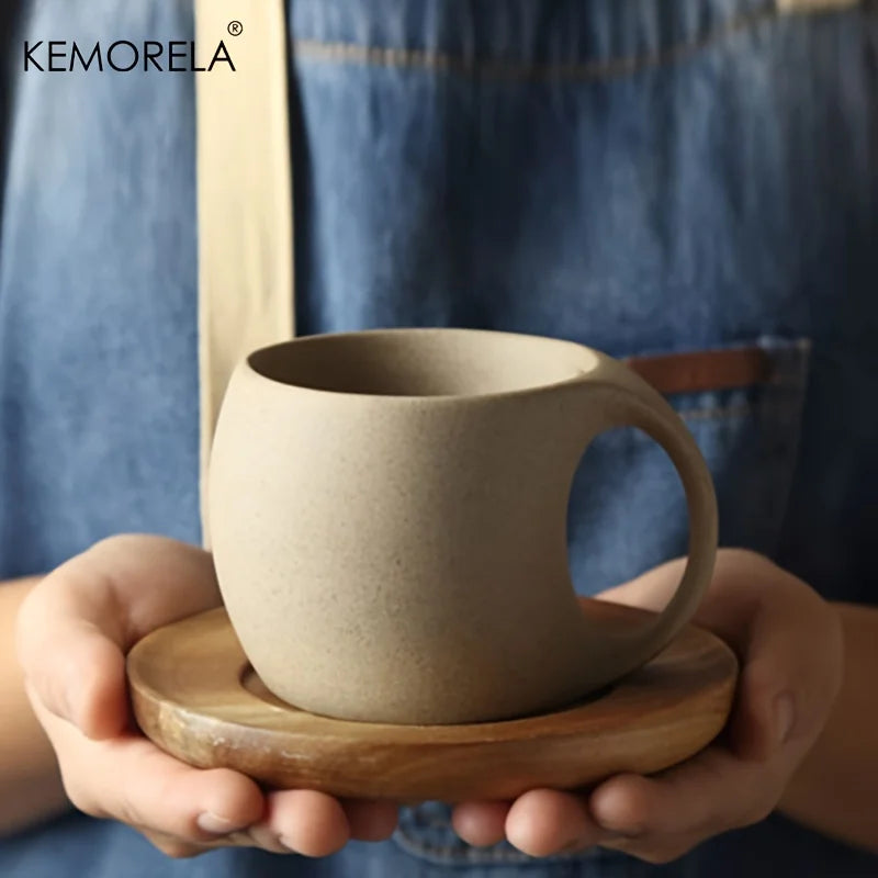 Handmade Stoneware Coffee Cup with Wooden Saucer (200ml)