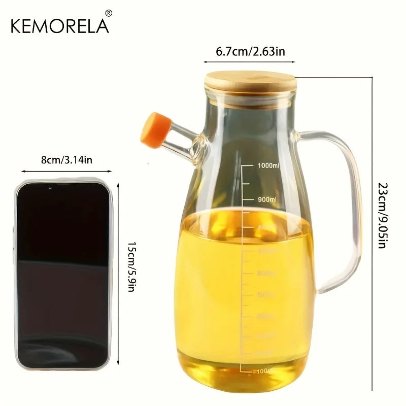 Glass Oil Dispenser with Bamboo Lid & Measurement Scale (1L)