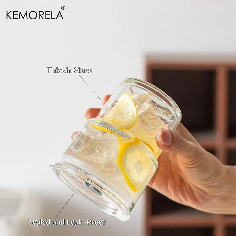 Wide-Mouth Glass Cup with Clear Lid & Bent Glass Straw