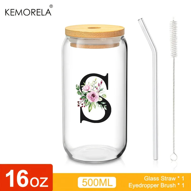 Personalized Initial Letter Glass Can Cup with Bamboo Lid & Straw (500ml)