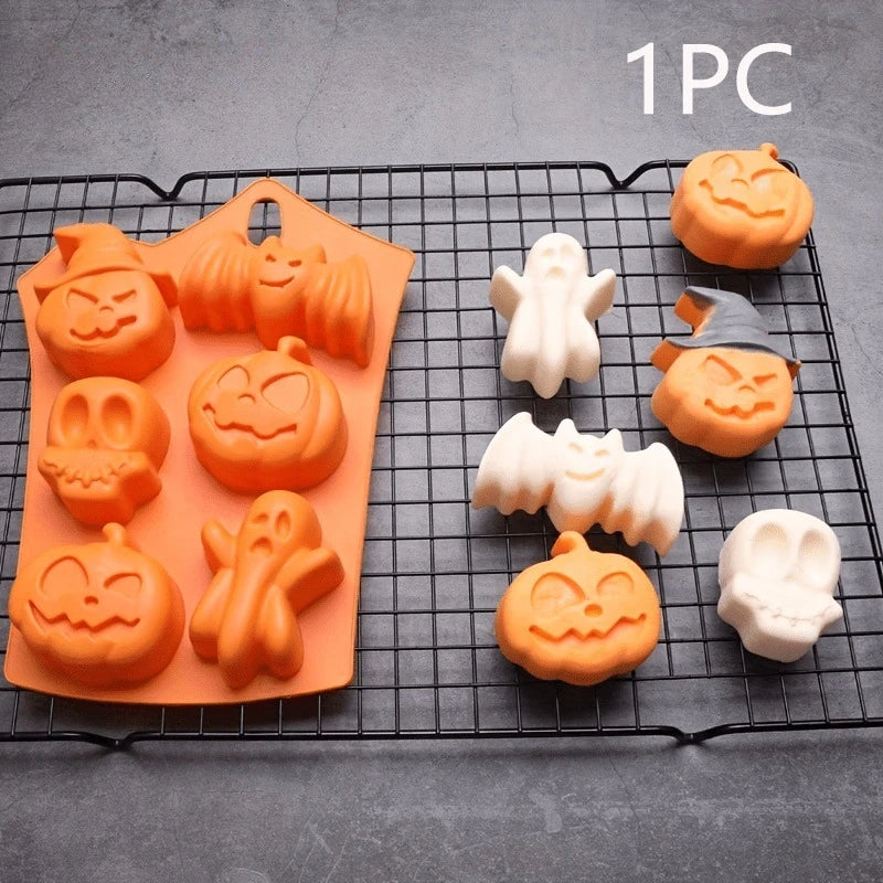 Halloween Silicone Baking Mold — Pumpkin, Ghost, Bat & Skull (6-Cavity)