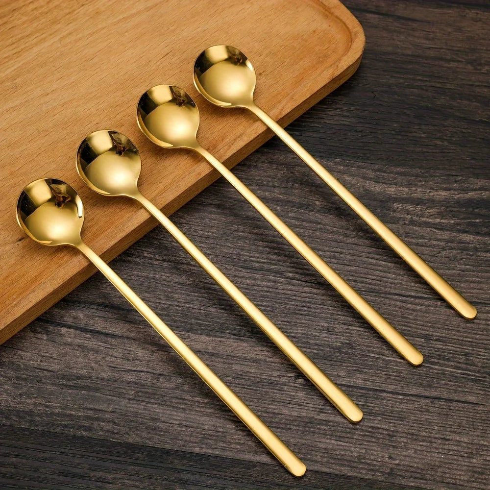 Long-Handle Gold Stainless Steel Spoons Set (4pcs)
