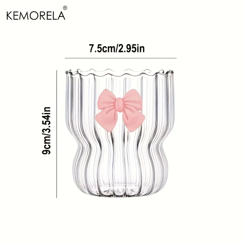 Wavy Ribbed Glass Tumbler with Pink Bow Accent (Set of 2/4/6, 400ml)