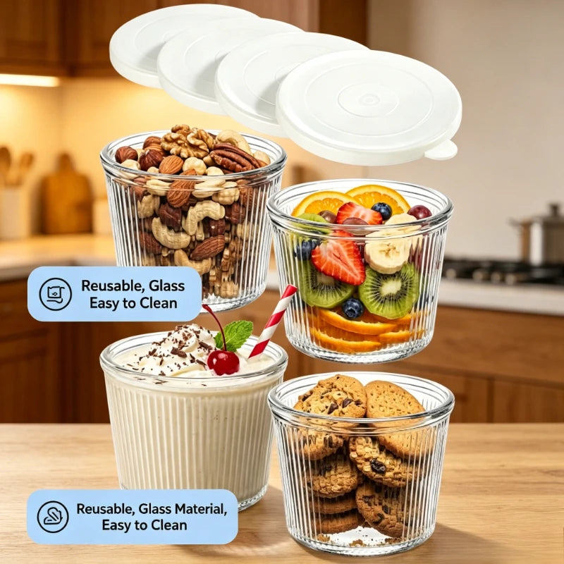 Ribbed Glass Overnight Oats Jar with Lid (2pcs)