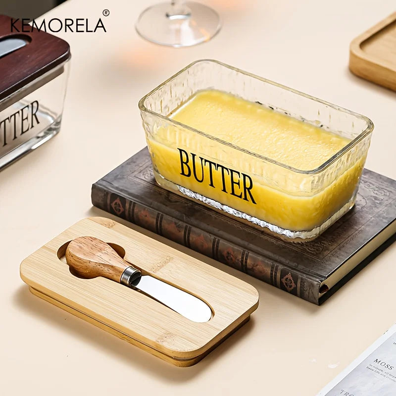 Ribbed Glass Butter Dish with Bamboo Lid