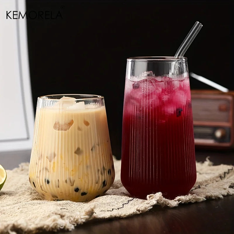 Ribbed Glass Cup with Bamboo Lid & Straw (Set of 2)