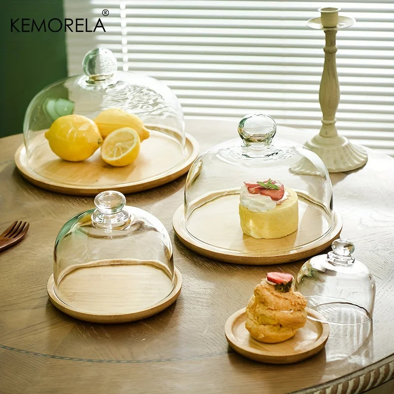 Wooden Cake Stand with Glass Dome Cover