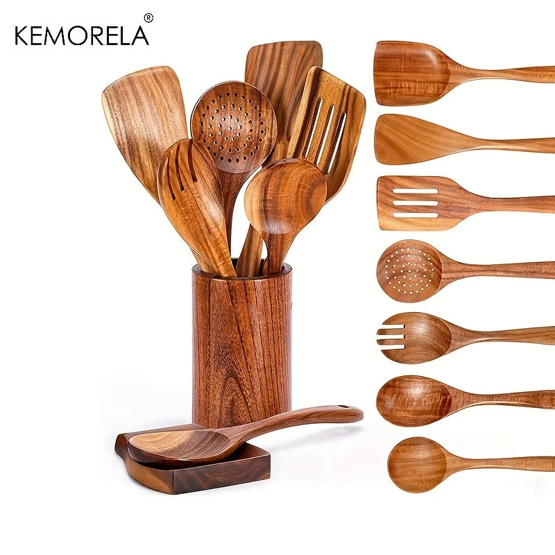 9-Piece Teak Wooden Utensil Set with Holder