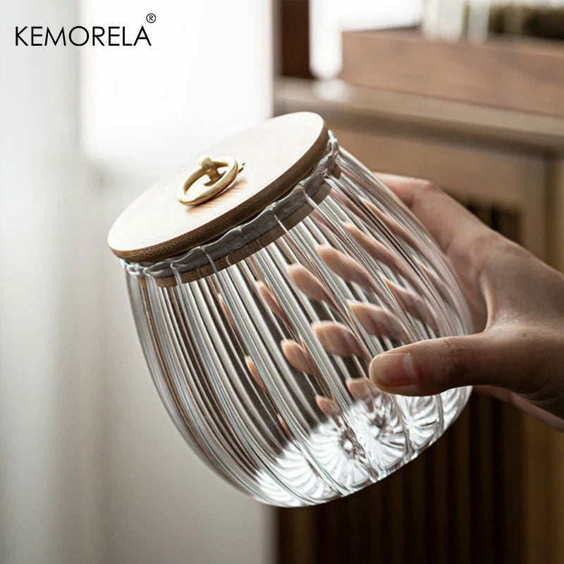 Ribbed Glass Jar with Bamboo Lid & Gold Ring