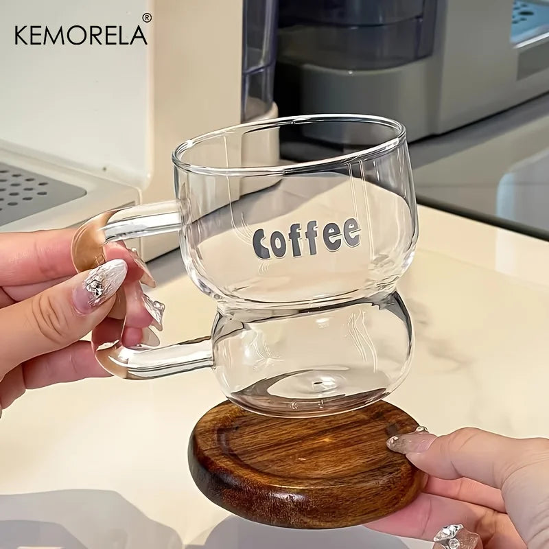Wavy Glass Coffee Mug with Round Wood Handle & Saucer (250/350ml)