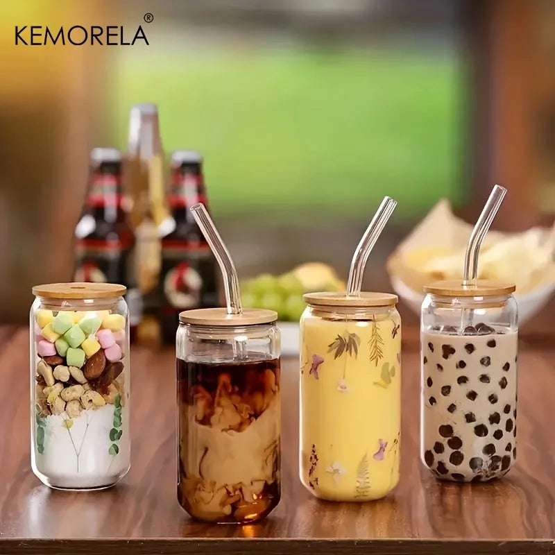 Glass Can-Style Tumbler with Bamboo Lid & Glass Straw (4pcs)