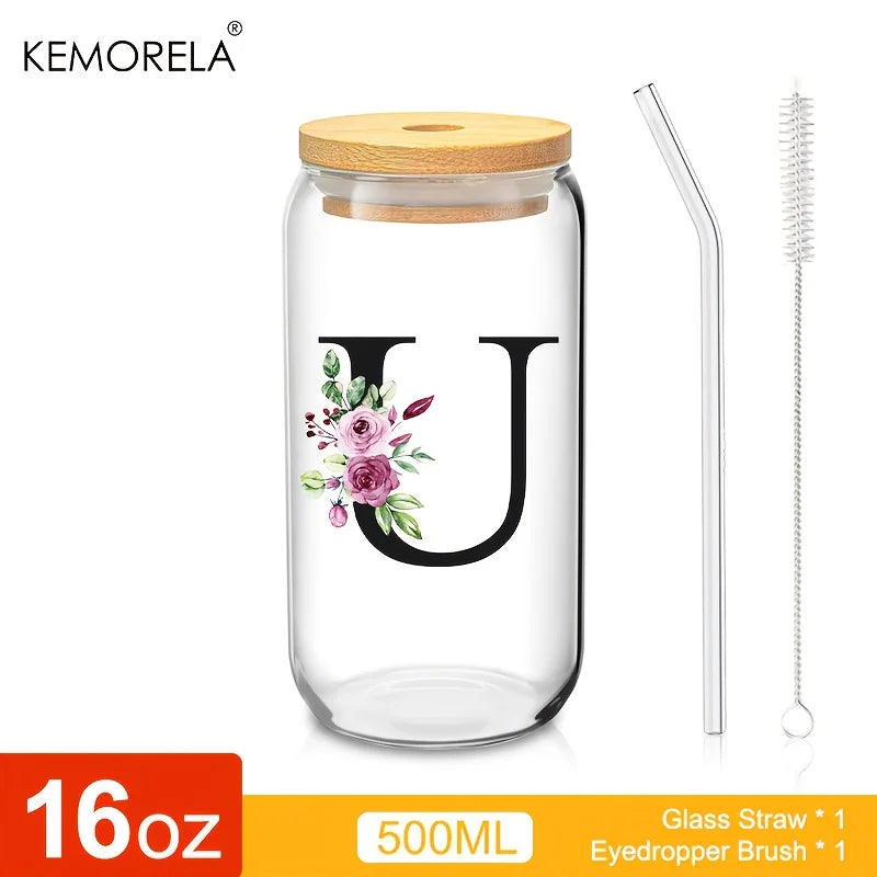 Personalized Initial Letter Glass Can Cup with Bamboo Lid & Straw (500ml)